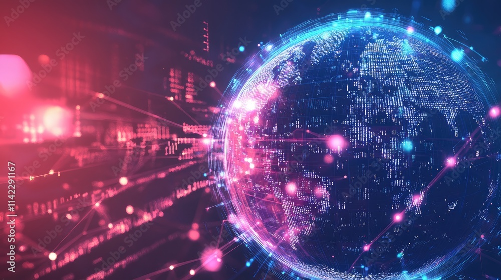 A stylized glowing globe surrounded by rotating binary streams and connection nodes, side view, showing the interplay of global data exchange, cybernetic tone, colored pastel A stylized glowing globe surrounded by rotating binary streams and connection nodes, side view, showing the interplay of global data exchange, cybernetic tone, colored pastel