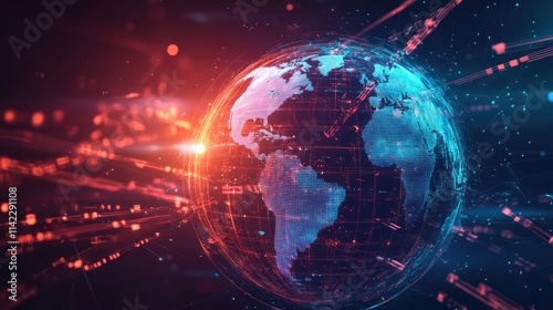 A stylized glowing globe surrounded by rotating binary streams and connection nodes, side view, showing the interplay of global data exchange, cybernetic tone, colored pastel