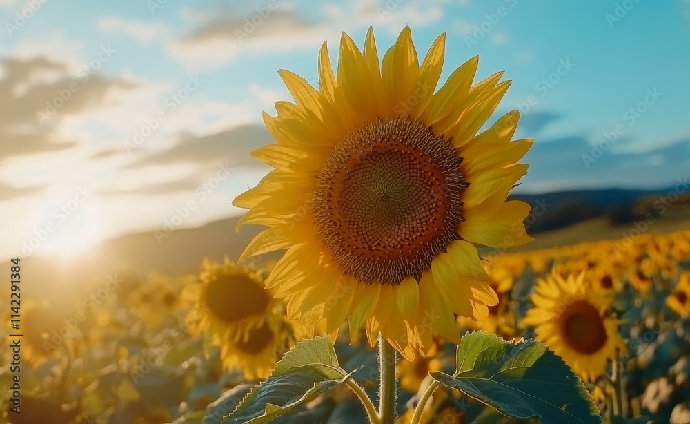 Obraz premium Vibrant sunflower in a field at sunset.