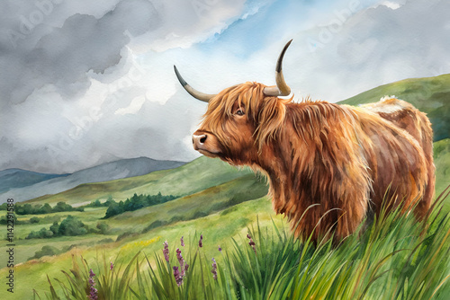 A Highland cow stands majestically in a lush green landscape, with rolling hills and a dramatic sky in the background, capturing the essence of Scottish countryside. photo