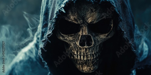 Spooky and scary hooded skull face capturing the essence of Halloween season. This image features a spooky theme with a haunting skull face perfect for Halloween celebrations.