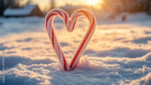Candy canes forming heart shape during sunset in winter landscape