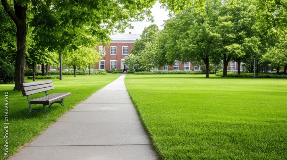 Serene Pathway Through Lush Green Lawn Surrounded by Vibrant Trees and Charming Architecture Serene Pathway Through Lush Green Lawn Surrounded by Vibrant Trees and Charming Architecture
