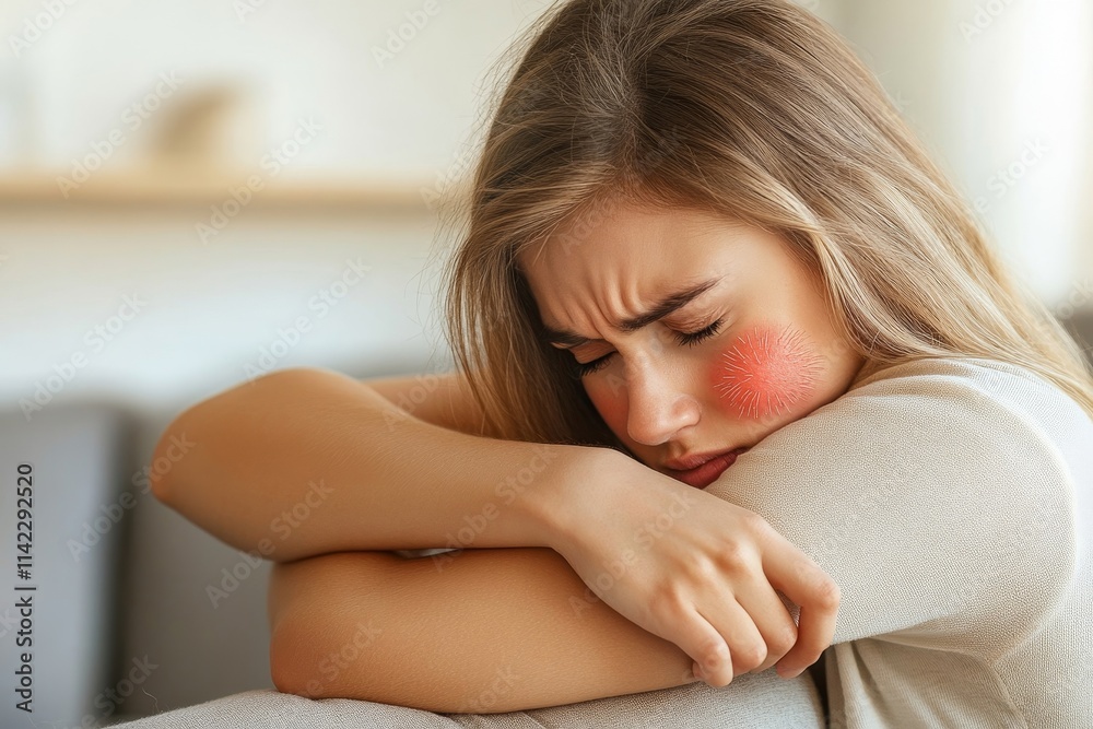 Sensitive skin allergic concept, Woman itching on her arm have a red rash from allergy symptom and from scratching, Generative AI Sensitive skin allergic concept, Woman itching on her arm have a red rash from allergy symptom and from scratching, Generative AI