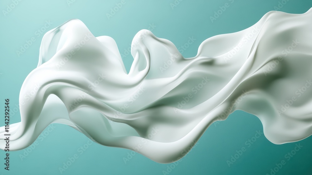 This image captures the elegance of abstract white fabric waves flowing gracefully against a teal background, embodying motion and serenity in a modern style.