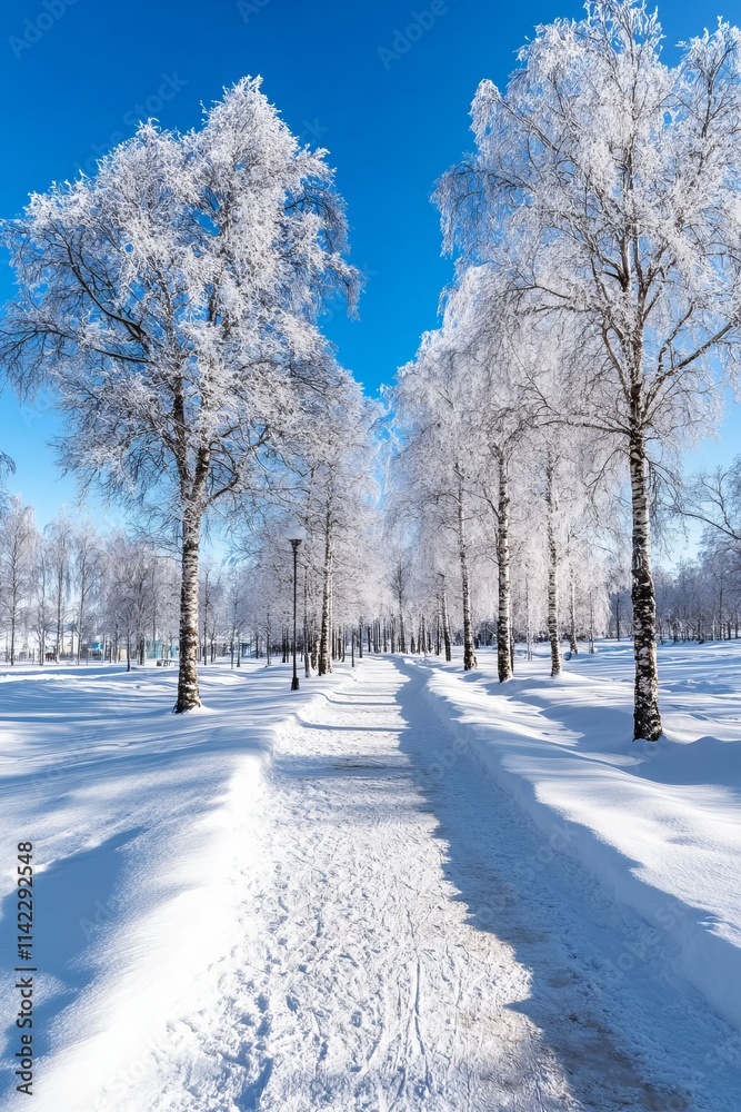 Snow-covered pathway lined with frosted trees under a clear blue sky on a winter day. Generative AI