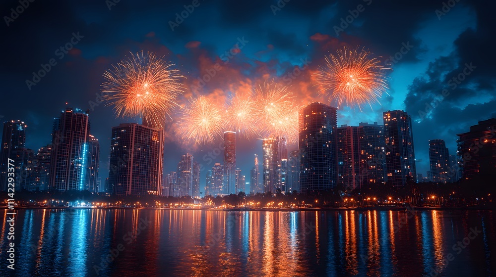 Fototapeta premium fireworks over the river in the city