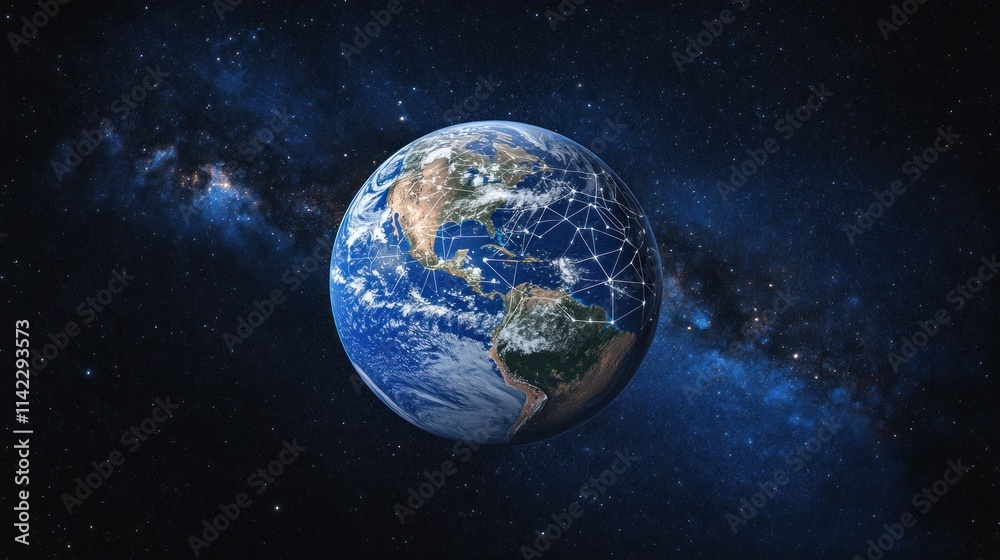 Global network connections on Earth from space, Milky Way galaxy background. Global network connections on Earth from space, Milky Way galaxy background.