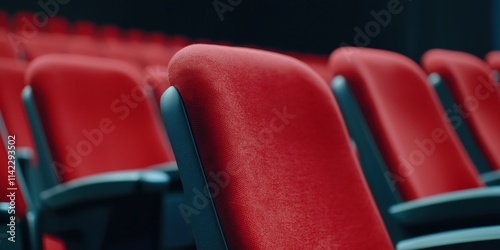 A row of red chairs are empty in a theater. The chairs are arranged in rows, with some chairs facing the stage and others facing the audience. The chairs are all the same color and design photo