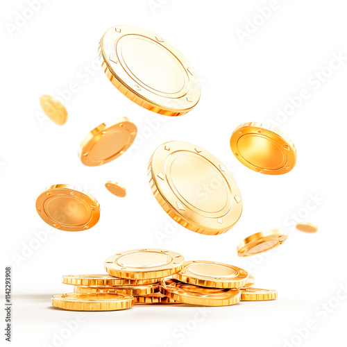 Golden casino chips falling, cut out isolated on white backround photo