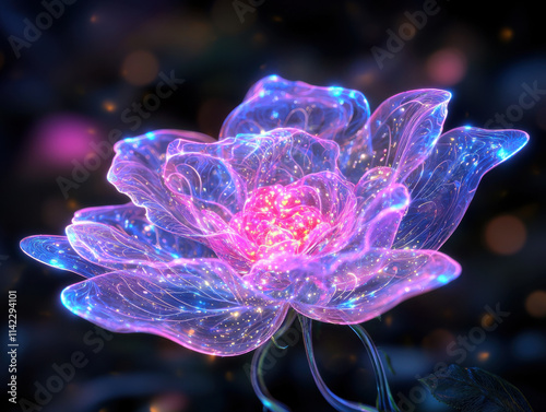 glowing digital rose with vibrant petals and sparkling details