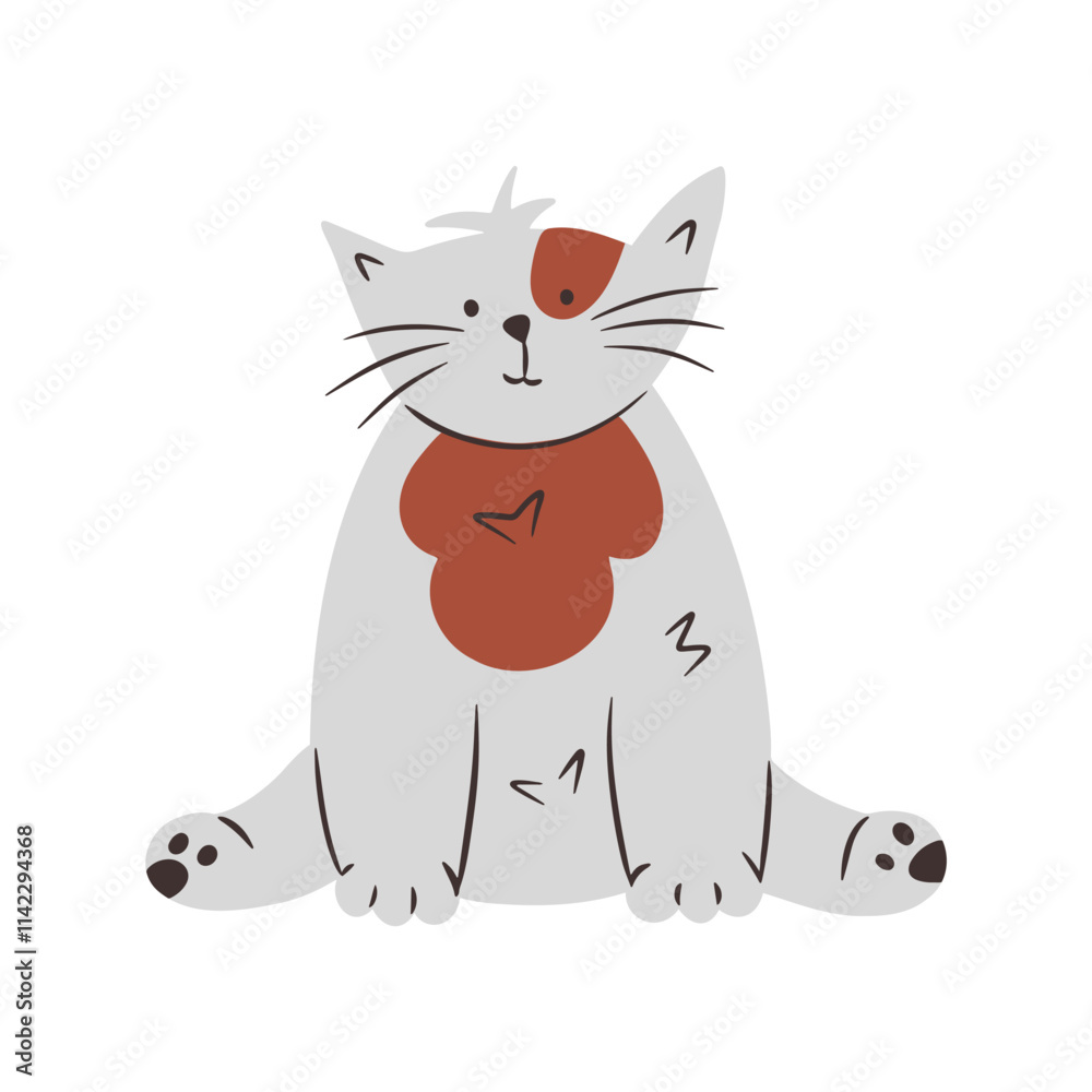 Obraz premium Funny hand draw kitten. Cute gray cat with spots sits with his hind legs spread out. Vector illustration