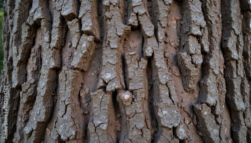 Close-up of textured old oak bark deeply fissured