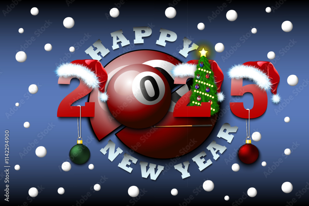 Fototapeta premium Happy new year. 2025 with billiard ball. Numbers in Christmas hats and Christmas tree balls. Original template design for greeting card. Vector illustration on isolated background