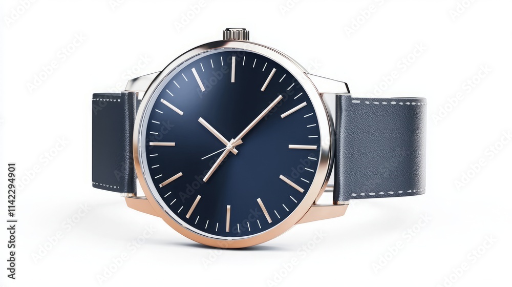 A sleek, modern watch featuring a navy blue face and a classic design, complemented by a stylish leather strap. A sleek, modern watch featuring a navy blue face and a classic design, complemented by a stylish leather strap.