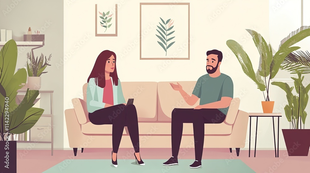 Flat vector style of a therapist talking to a patient on a couch in a counseling session. Flat vector style of a therapist talking to a patient on a couch in a counseling session.
