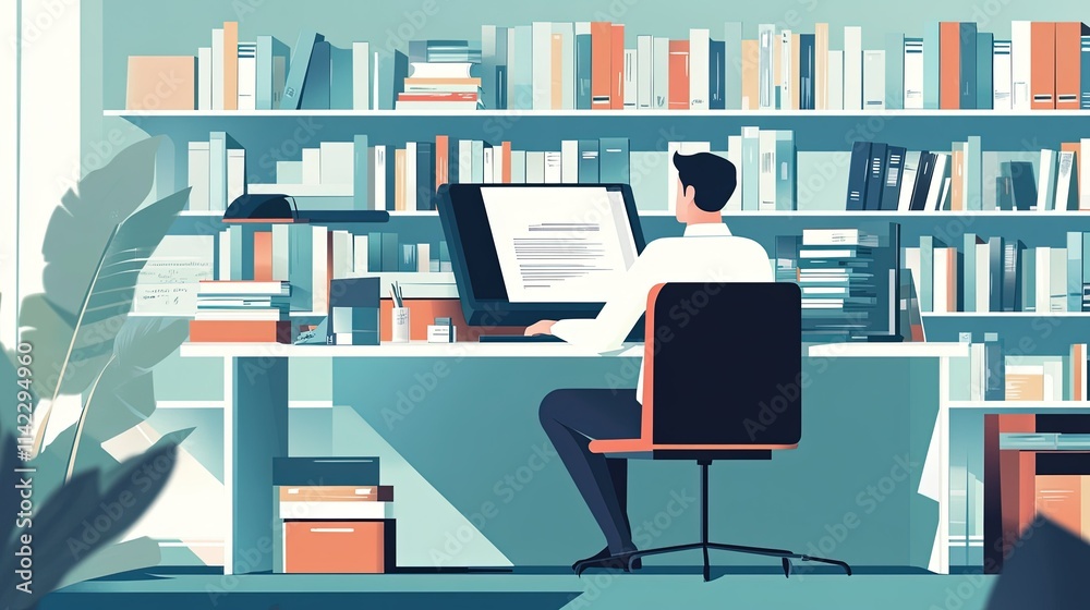 Flat vector style of an accountant balancing the books in a modern office. Flat vector style of an accountant balancing the books in a modern office.