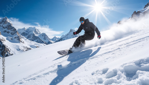 Man snowboarding with excitement on snowy mountain landscape in bright sunlight