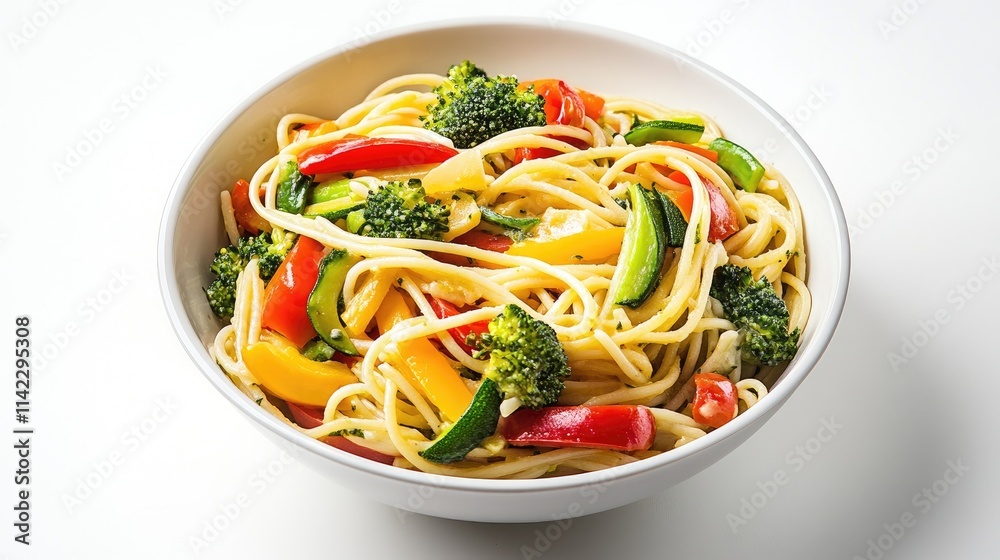 An inviting bowl of traditional Italian pasta primavera, filled with colorful vegetables and a light sauce, perfectly presented on a white backdrop to emphasize the dish's freshness. An inviting bowl of traditional Italian pasta primavera, filled with colorful vegetables and a light sauce, perfectly presented on a white backdrop to emphasize the dish's freshness.