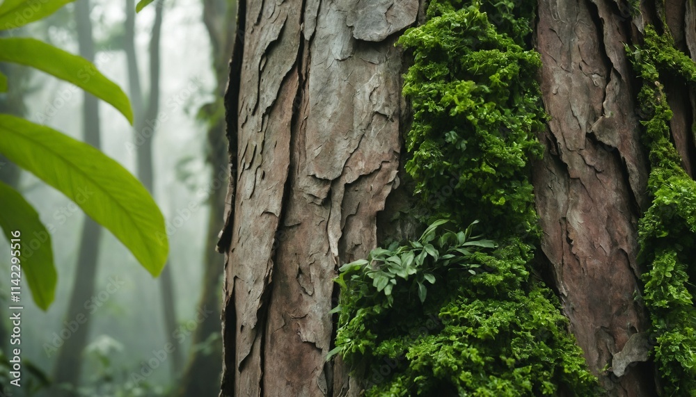 Obraz premium Close-up of old tree bark with hazy jungle greens behind
