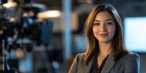 Obraz na płótnie Journalist confidently standing in a news room, smiling with copy space w salonie