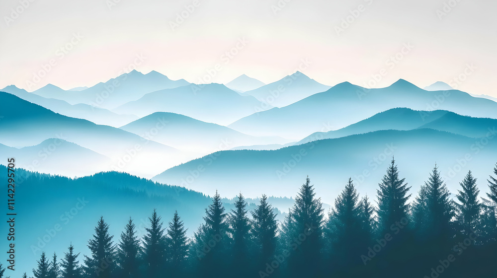 Serene misty mountain range landscape at dawn.  Blue toned image perfect for travel, nature, or serenity themes.