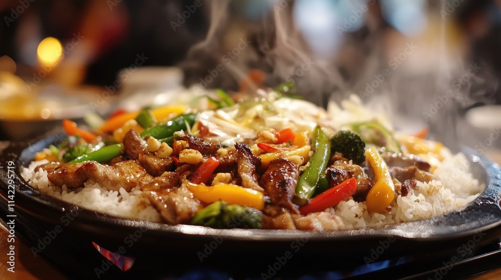 An inviting dining scene featuring a large platter of steaming hot rice accompanied by colorful stir-fried vegetables and succulent meat, showcasing the beauty of a well-balanced meal. An inviting dining scene featuring a large platter of steaming hot rice accompanied by colorful stir-fried vegetables and succulent meat, showcasing the beauty of a well-balanced meal.