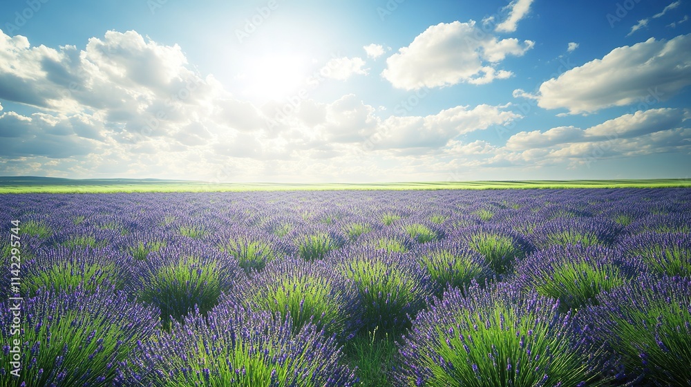 Fototapeta premium Vibrant lavender field under a dynamic cloudy sky at sunrise