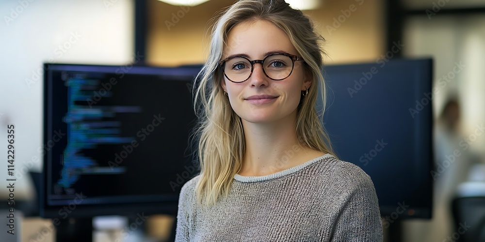 British female software developer standing confidently in front of monitor, writing code