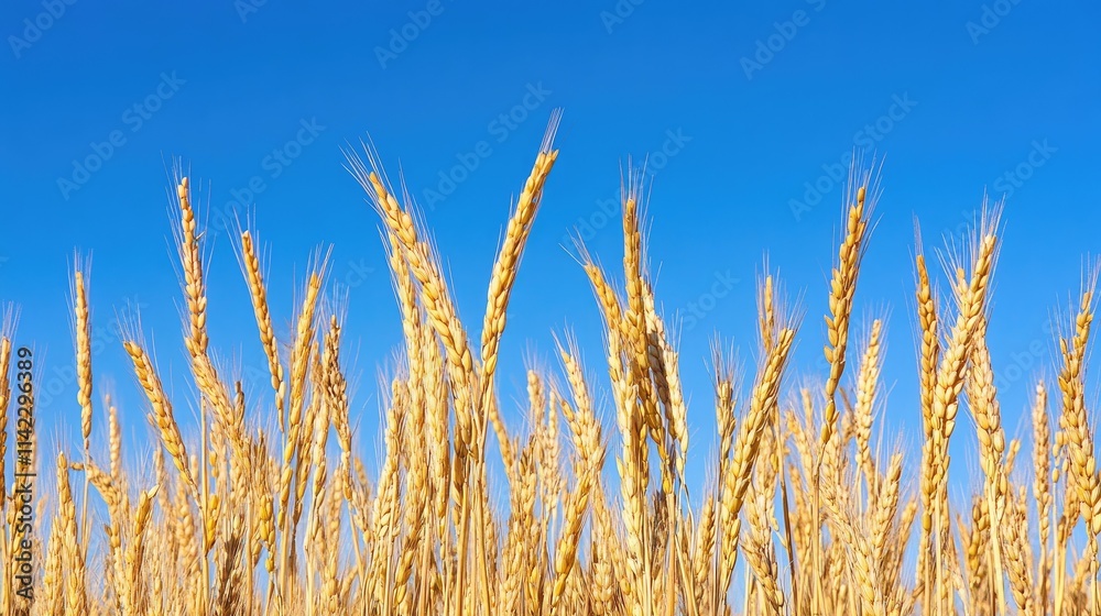 Obraz premium Close-up of ripe rice ears bending under the weight of the grains, against a backdrop of a clear blue sky, emphasizing the beauty of nature's abundance.