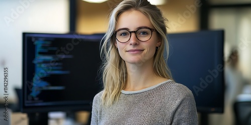 Obraz na płótnie British female software developer standing confidently in front of monitor, writing code w salonie