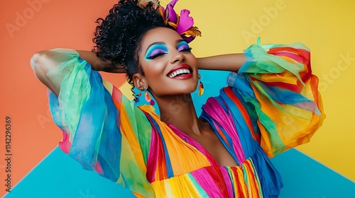 Female model in vibrant festival wear, posing playfully in a colorful studio setup