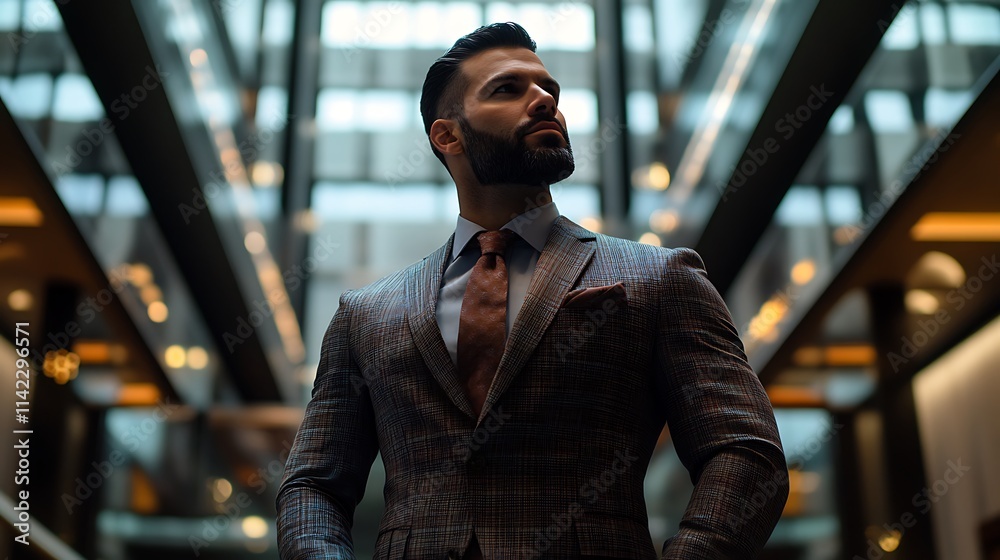 Male model wearing a suit, standing confidently in a modern office building lobby with copy space