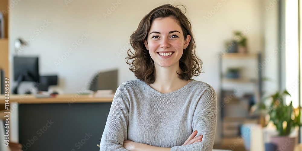 Portrait of a social media specialist standing proudly in a creative office, smiling, portrait shot, looking at the camera