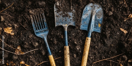 Garden trowel and rake surrounded by twigs and dirt create a perfect scene for gardening enthusiasts. A garden trowel and rake are essential tools for working in the garden. photo