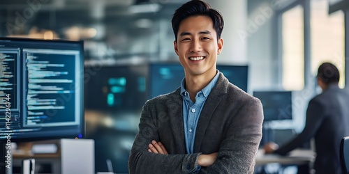 Obraz na płótnie South Korean male software engineer standing proudly in a tech company office w salonie