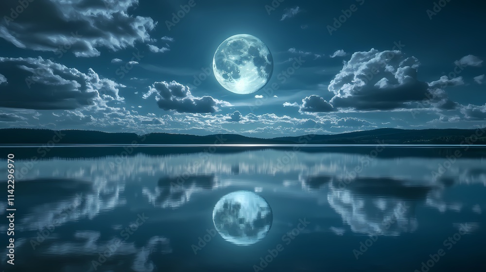 Enchanting Night Sky with Full Moon Illuminating Tranquil Lake Surrounded by Lush Landscape and Soft Clouds Reflecting on Still Water Surface Enchanting Night Sky with Full Moon Illuminating Tranquil Lake Surrounded by Lush Landscape and Soft Clouds Reflecting on Still Water Surface