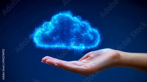 Hand interacting with infographic cloud computing and technology icons, highlighting the centralization of personal lifestyle
