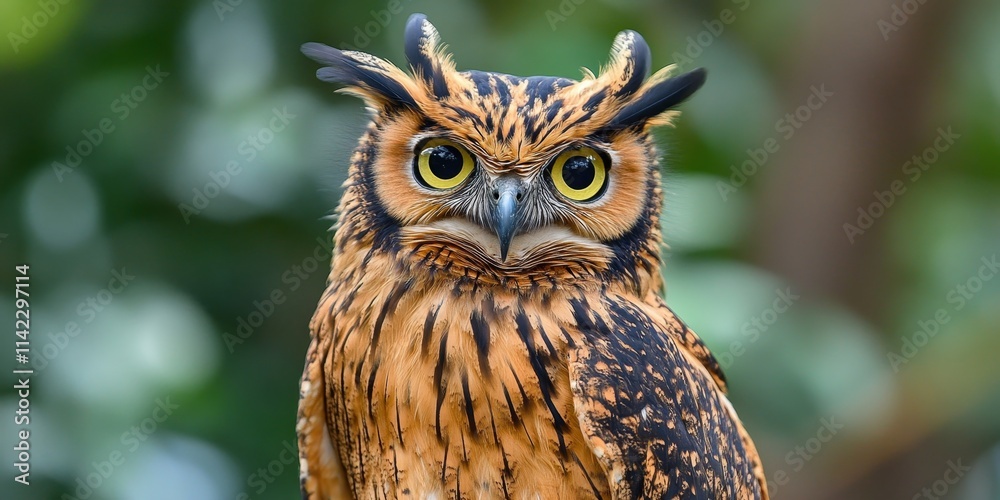 Fototapeta premium The buffy fish owl, also referred to as the fish owl, belongs to the family Strigidae. This captivating fish owl species showcases unique characteristics that make it stand out in its habitat.