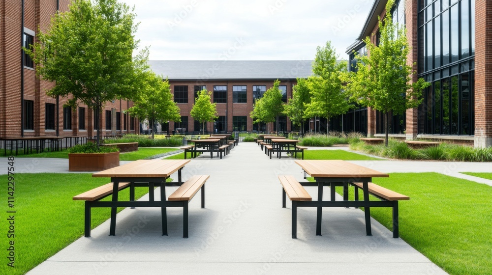 Modern Outdoor Courtyard with Picnic Tables Surrounded by Lush Green Grass and Trees in Urban Environment Modern Outdoor Courtyard with Picnic Tables Surrounded by Lush Green Grass and Trees in Urban Environment