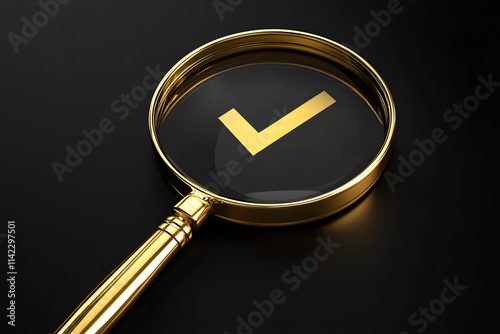 Golden magnifying glass with a checkmark on black background, concept of quality assurance, inspection, validation, approval, precision, verification, accuracy, and success photo