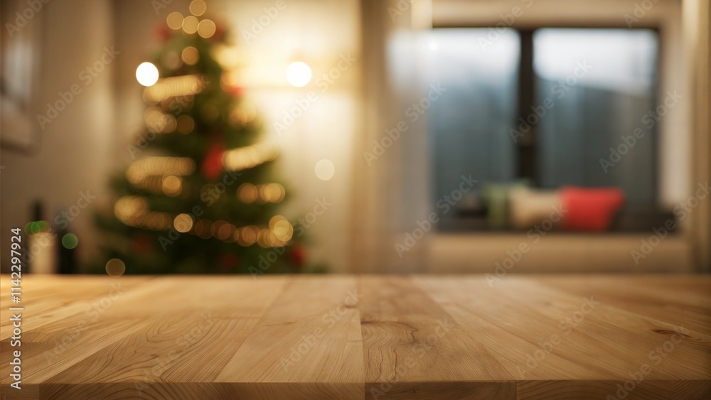Warm Living Room with Wooden Table with empty space for advertising, Blurred Christmas Tree and Festive Decor in Background Warm Living Room with Wooden Table with empty space for advertising, Blurred Christmas Tree and Festive Decor in Background