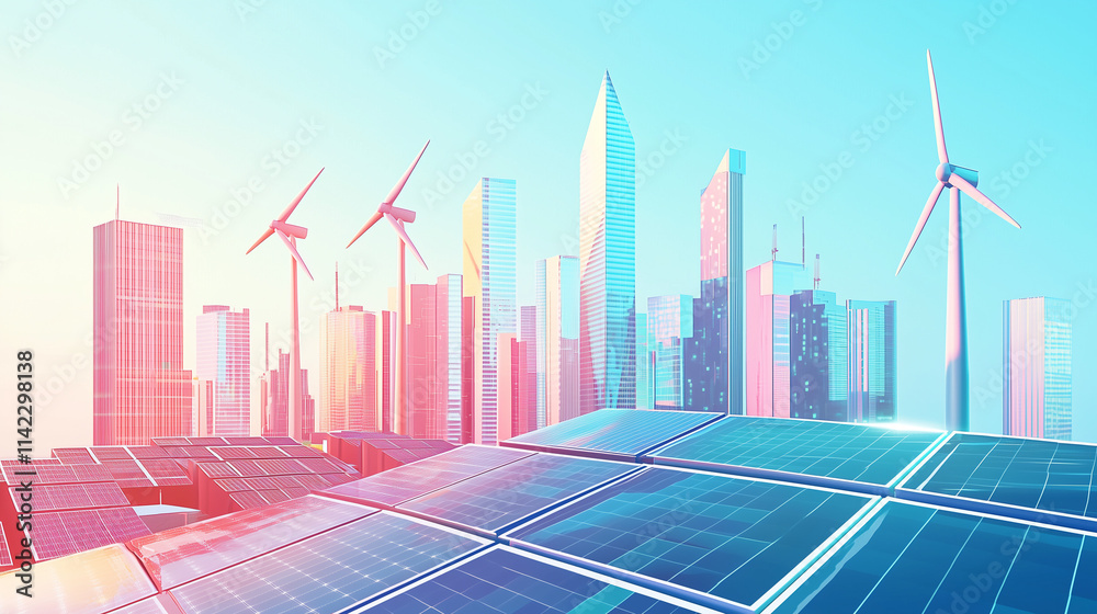 Fototapeta premium A futuristic cityscape powered by renewable energy, featuring solar panels and wind turbines under a vibrant sky, showcasing innovation and sustainability for a brighter future.