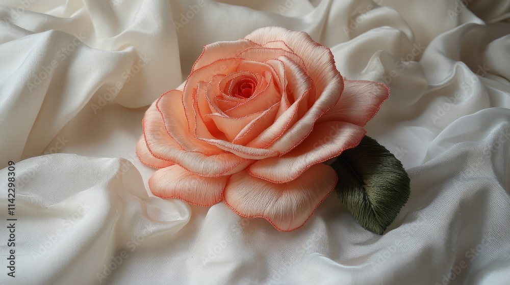 Romantic rose embroidery: A single, detailed embroidered rose with fine stitching, displayed on a white silk background Romantic rose embroidery: A single, detailed embroidered rose with fine stitching, displayed on a white silk background
