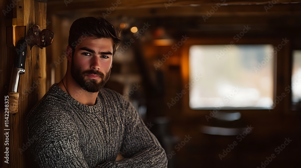Male model with beard, standing in rustic cabin setting, looking content, cozy atmosphere