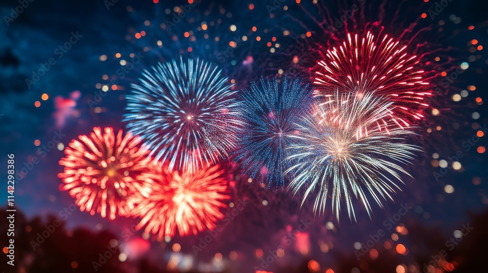 Naklejka premium A vibrant display of colorful fireworks lighting up the night sky, creating a festive and celebratory atmosphere.