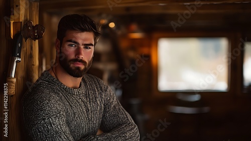 Obraz na płótnie Male model with beard, standing in rustic cabin setting, looking content, cozy atmosphere w salonie