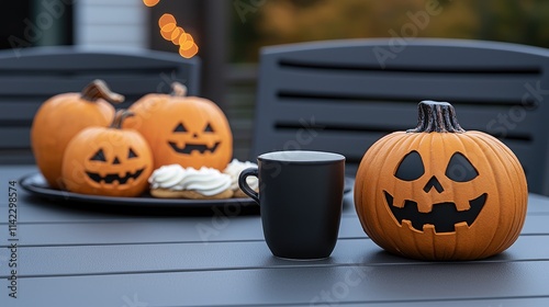 Halloween celebration with jack-o'-lanterns and cookies outdoor patio festive decor cozy atmosphere close-up view