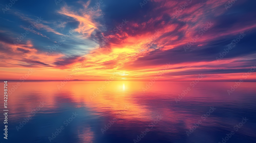 Fototapeta premium Breathtaking Sunset Over Calm Ocean Waters Reflecting Vibrant Colors of Blue, Pink, Orange, and Purple in a Serene Coastal Landscape at Dusk