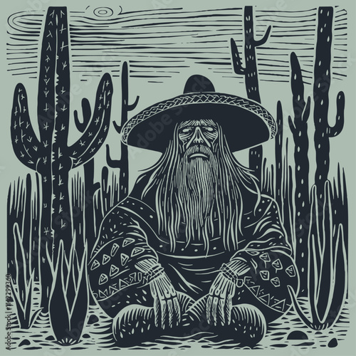An old Mexican shaman sits among cacti in the Sonoran desert.